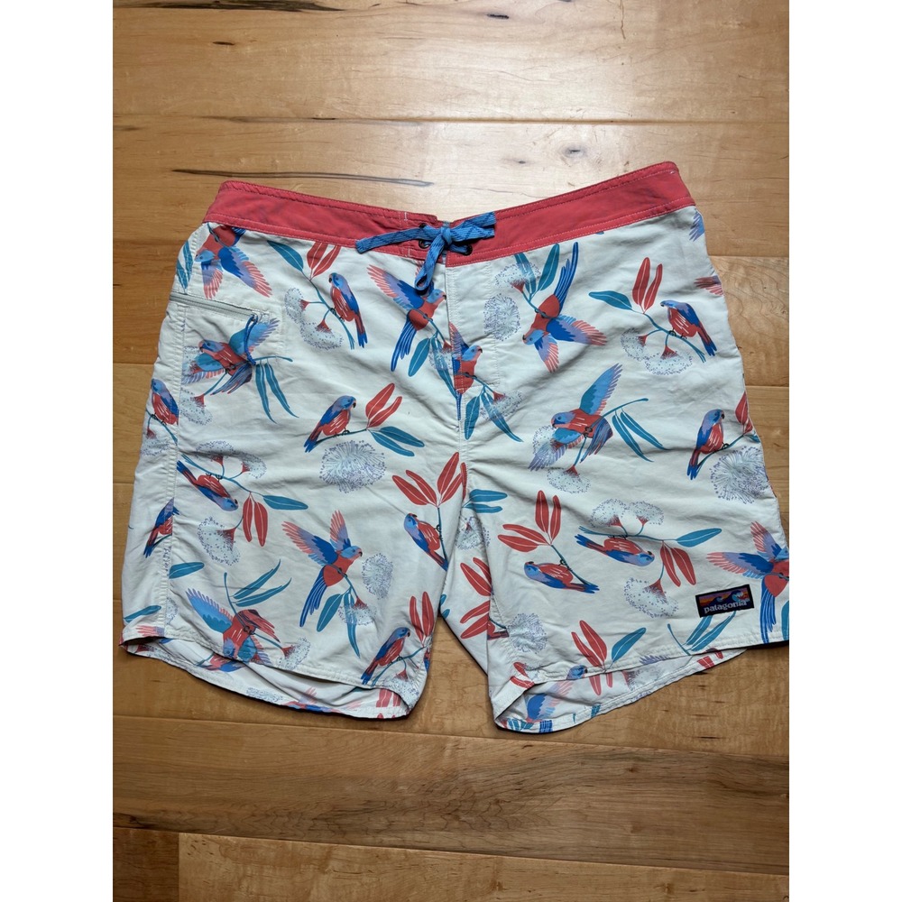 Patagonia Board Shorts Mens 36 White Bird Print Recycled Nylon Swim Trunks